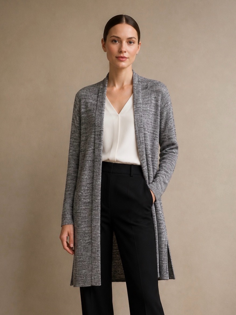Talbots Long Open-Front Marled Gray Cardigan.‎ Sz L